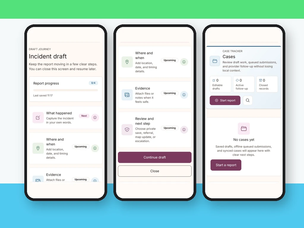 SafeRide Android incident draft, report steps, and case tracker screens