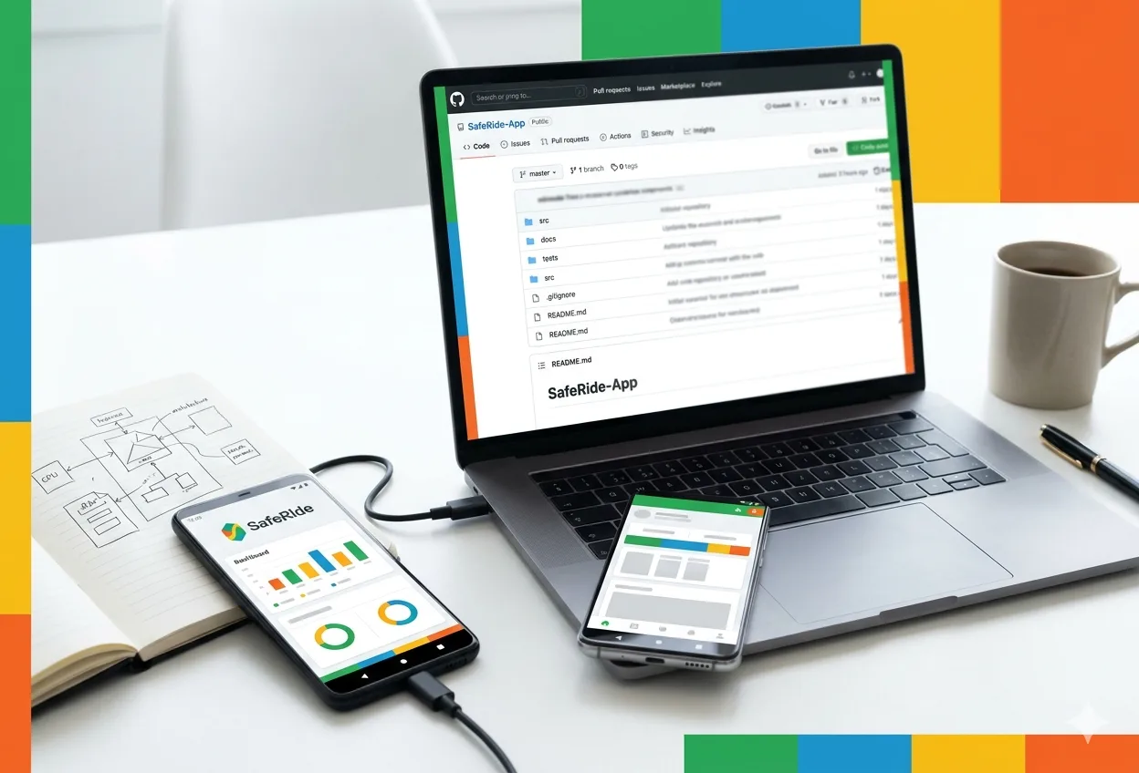SafeRide source-review desk with repository, Android device, and architecture notes